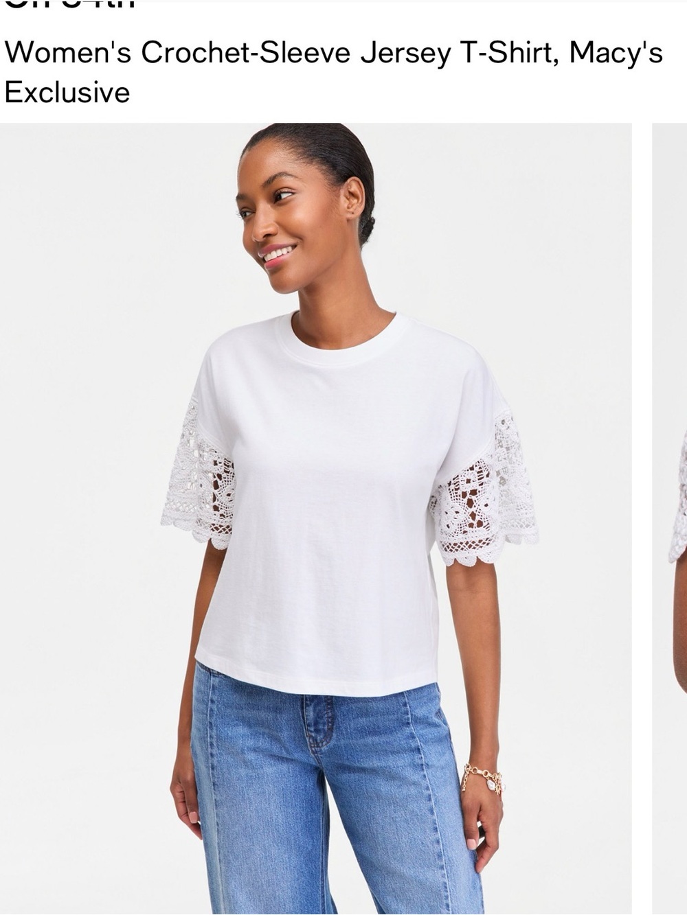 White Cotton Tee with Crochet Lace Sleeves